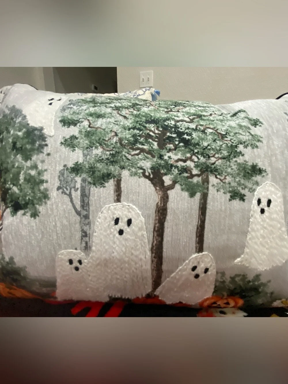 Embroidered Ghosts Decorative Pillow Cover - White & Green